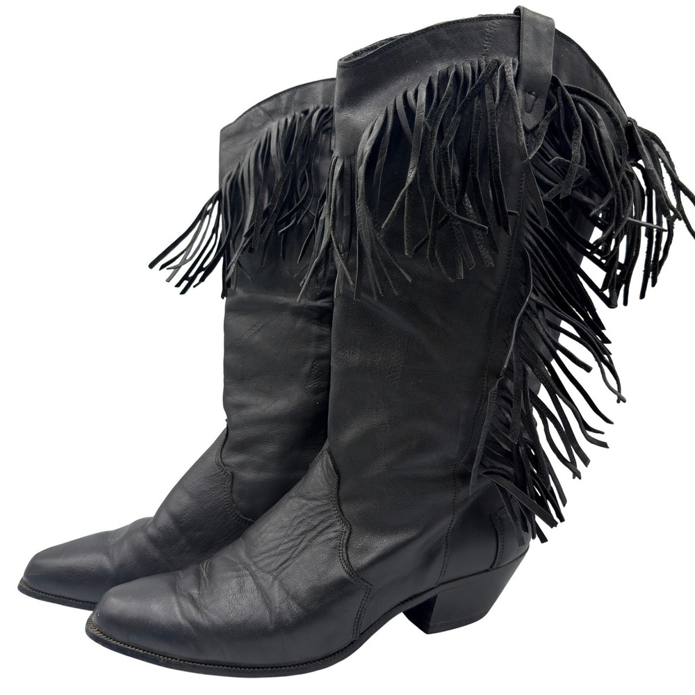 Vtg Leather Fringe Cowboy Boots Western Basic Editions Black 69920 Womens Size 6